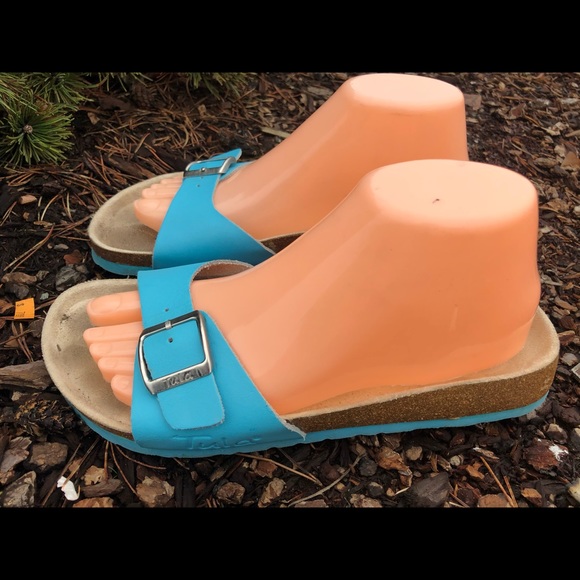 Birkenstock Shoes - Tula Teal Blue Leather Slide On Thong Sandals